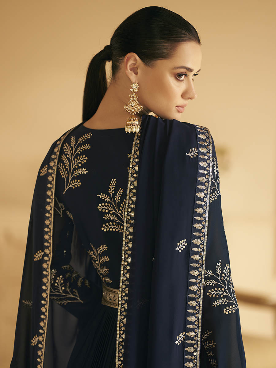 Navy Blue Georgette Embroidered Designer Suit