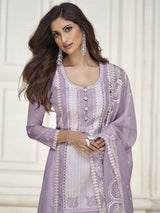 Pastel Purple Organza Silk Embroidered Pant Style Suit