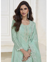 Pastel Sea Green Silk Embroidered Pant Style Suit