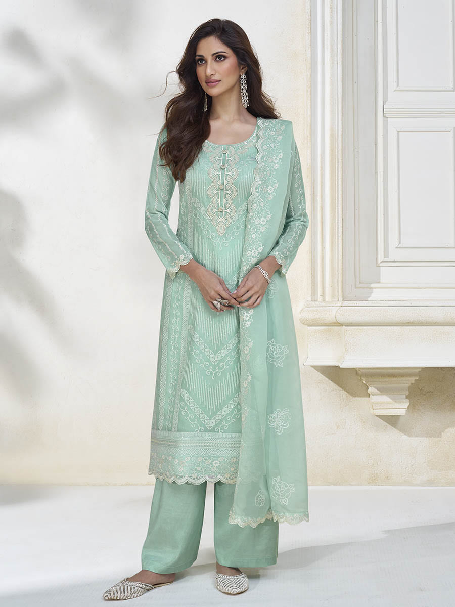 Pastel Sea Green Silk Embroidered Pant Style Suit