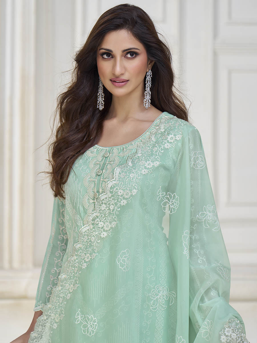 Pastel Sea Green Silk Embroidered Pant Style Suit