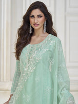 Pastel Sea Green Silk Embroidered Pant Style Suit