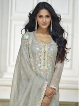 Pastel Grey Organza Silk Embroidered Pant Style Suit