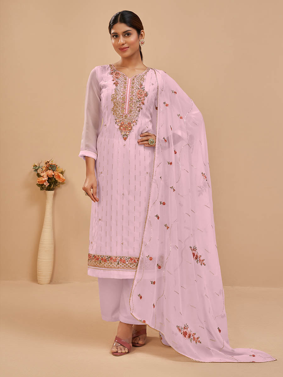 Light Pink Pure Georgette Embroidered Suit