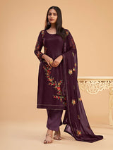 Wine Georgette Embroidered Pant Style Suit