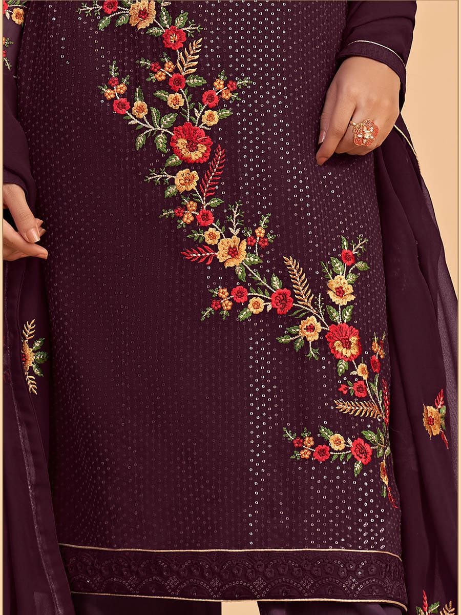 Wine Georgette Embroidered Pant Style Suit