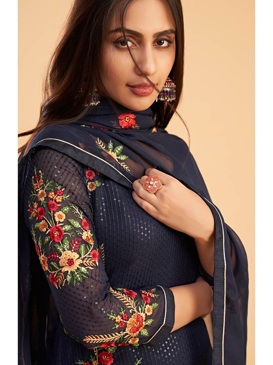 Navy Blue Georgette Embroidered Pant Style Suit