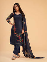 Navy Blue Georgette Embroidered Pant Style Suit