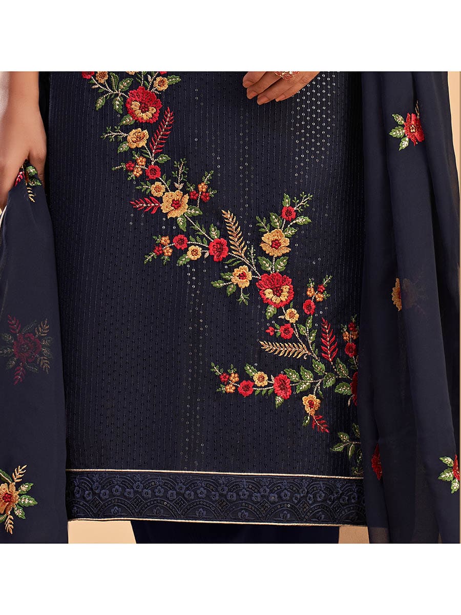 Navy Blue Georgette Embroidered Pant Style Suit