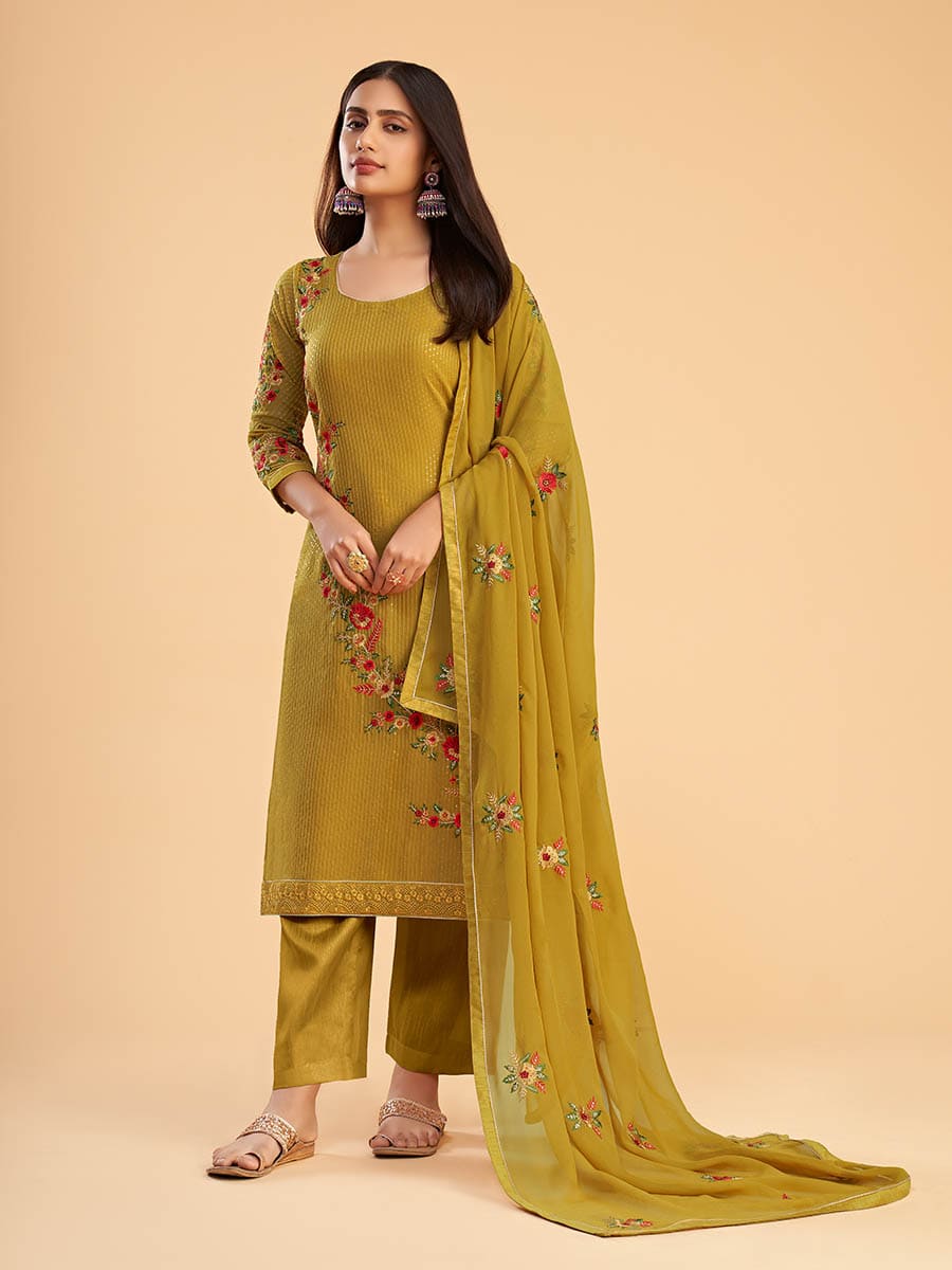 Mustard Yellow Georgette Embroidered Pant Style Suit