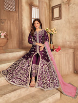 Wine Art silk Embroidered Pant Style Anarkali Suit