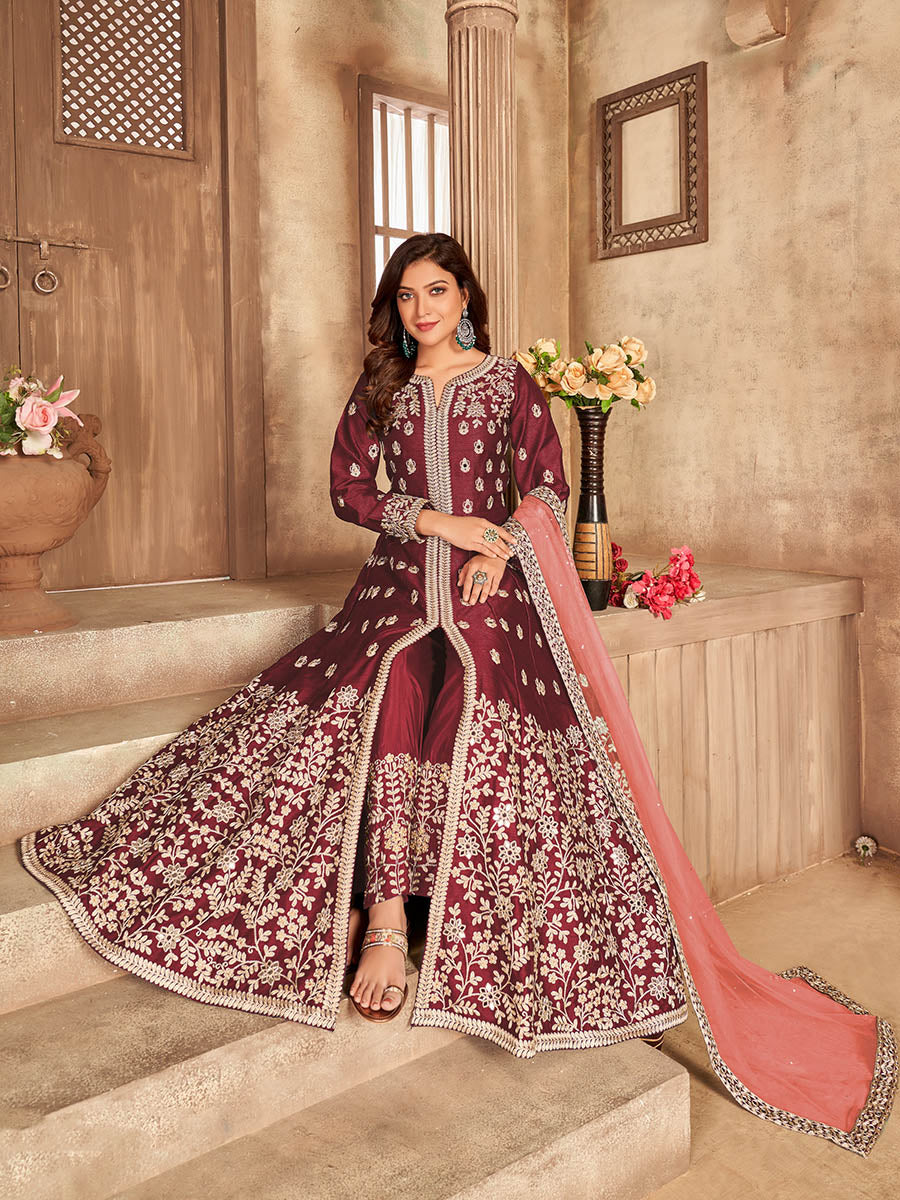 Maroon Art silk Embroidered Pant Style Anarkali Suit