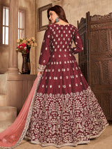 Maroon Art silk Embroidered Pant Style Anarkali Suit