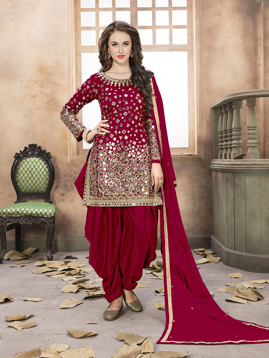 Red Tafeta Silk Patiyala Suit