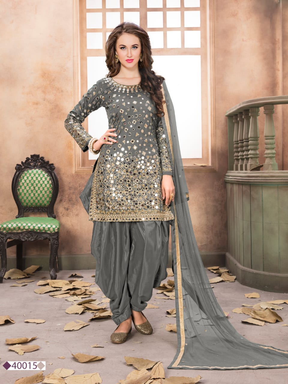 Grey Tafeta Silk Patiyala Suit