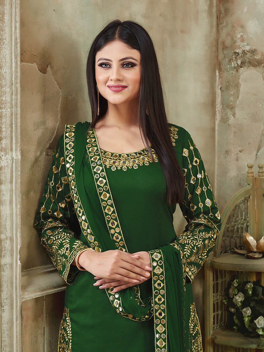 Green Art Silk Real Glass Work Suit