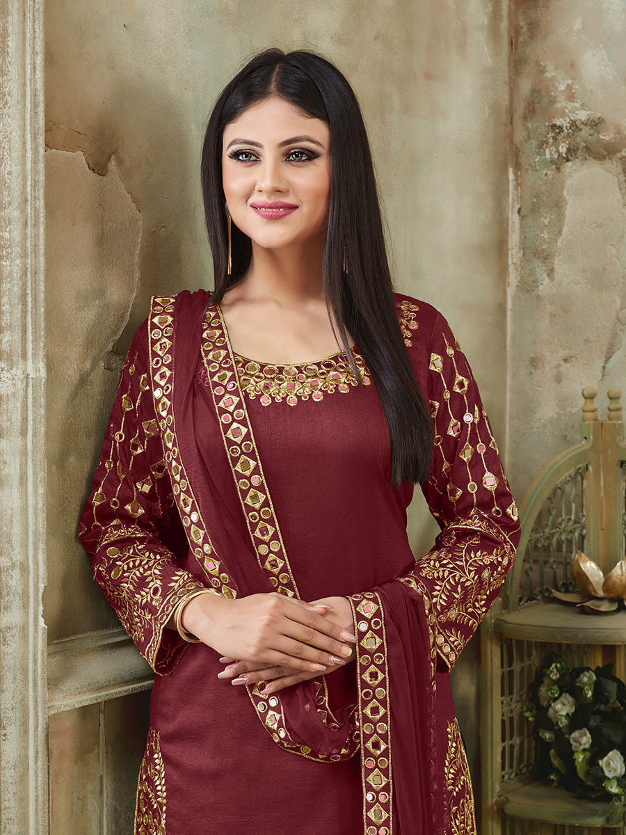 Red Art Silk Real Glass Work Suit