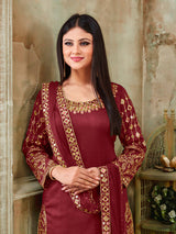 Red Art Silk Real Glass Work Suit