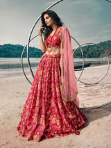 Gajeri Red Organza Printed Lehenga