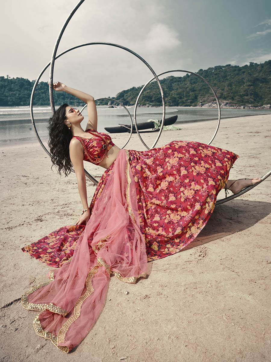 Gajeri Red Organza Printed Lehenga