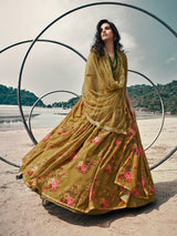 Olive Green Organza Printed & Embroidered Lehenga