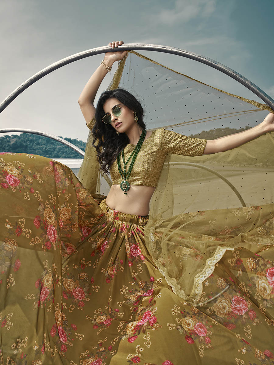 Olive Green Organza Printed & Embroidered Lehenga