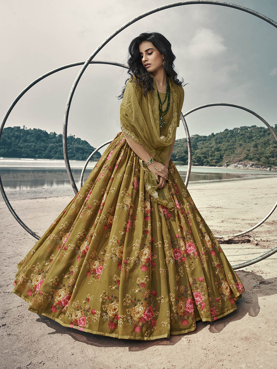 Olive Green Organza Printed & Embroidered Lehenga