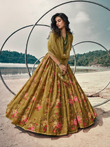 Olive Green Organza Printed & Embroidered Lehenga