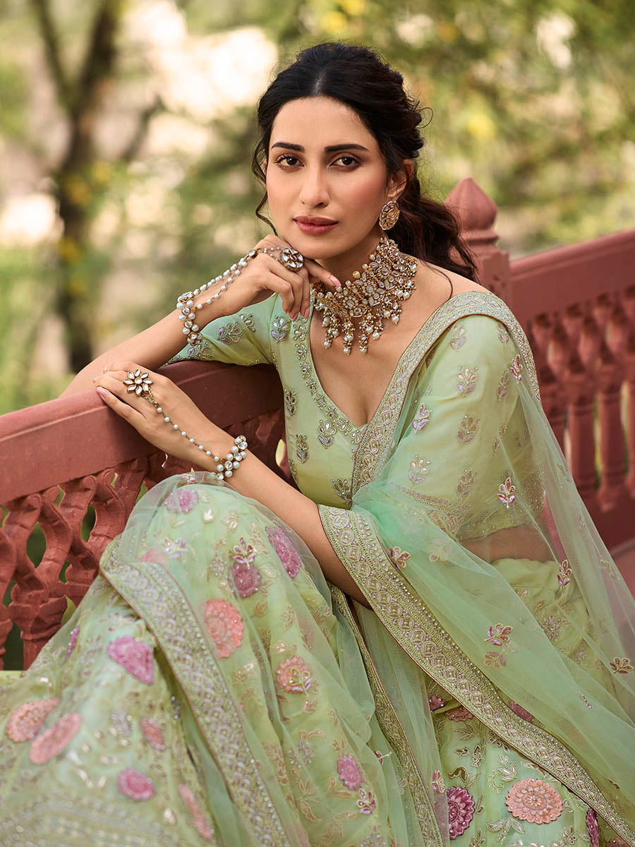 Pista Green Organza Embroidered Lehenga