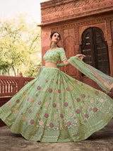 Pista Green Organza Embroidered Lehenga