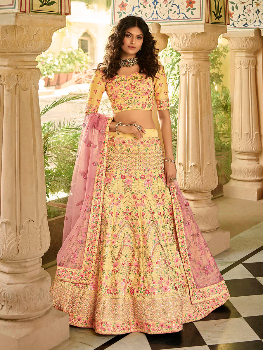 Yellow Art Silk Embroidered Lehenga