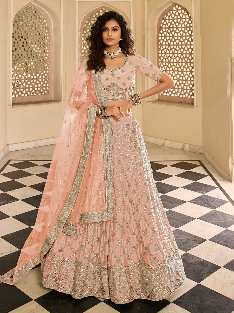 Peach Organza Embroidered Lehenga Choli