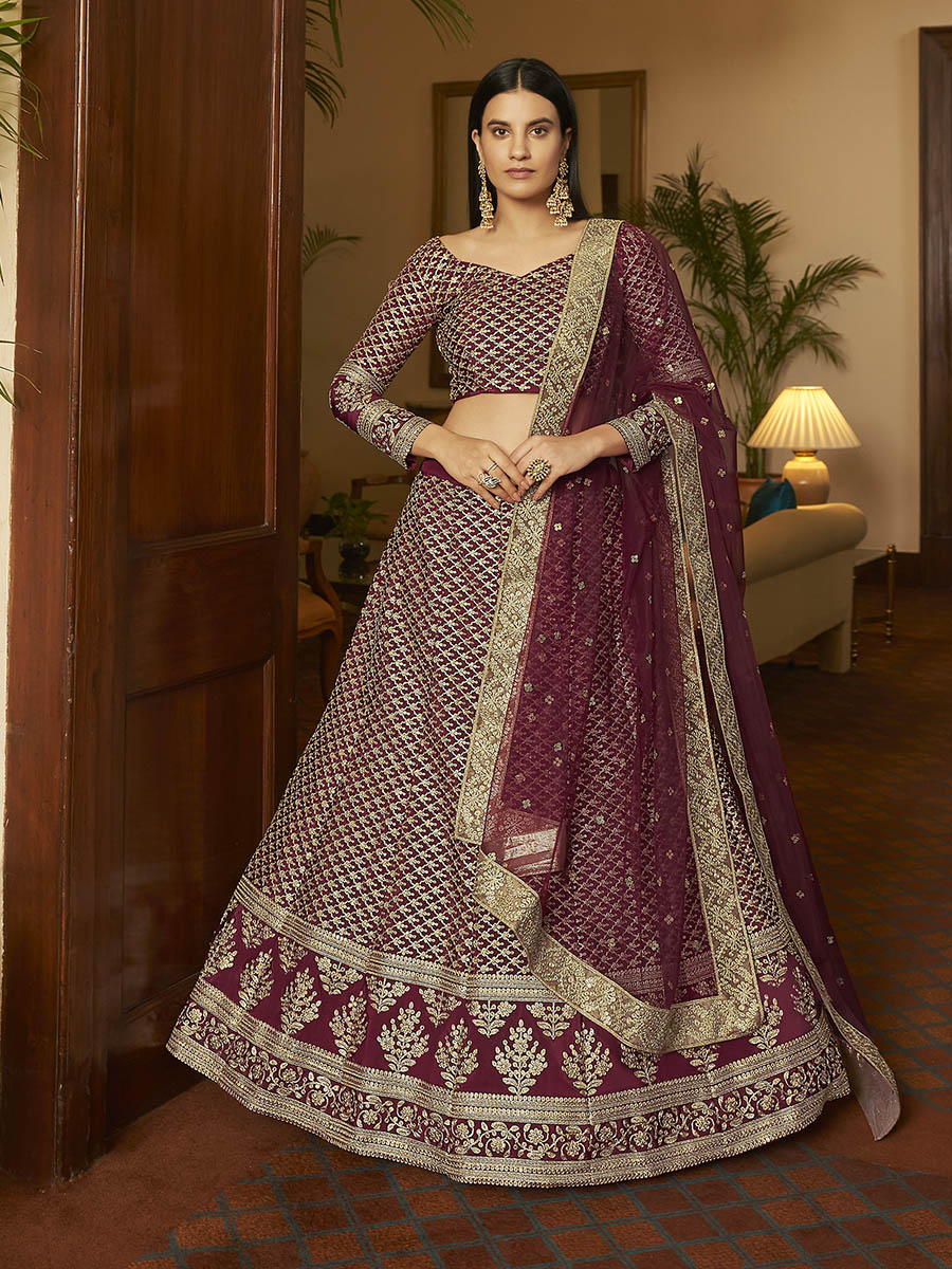 Maroon Crepe Embroidered Lehenga