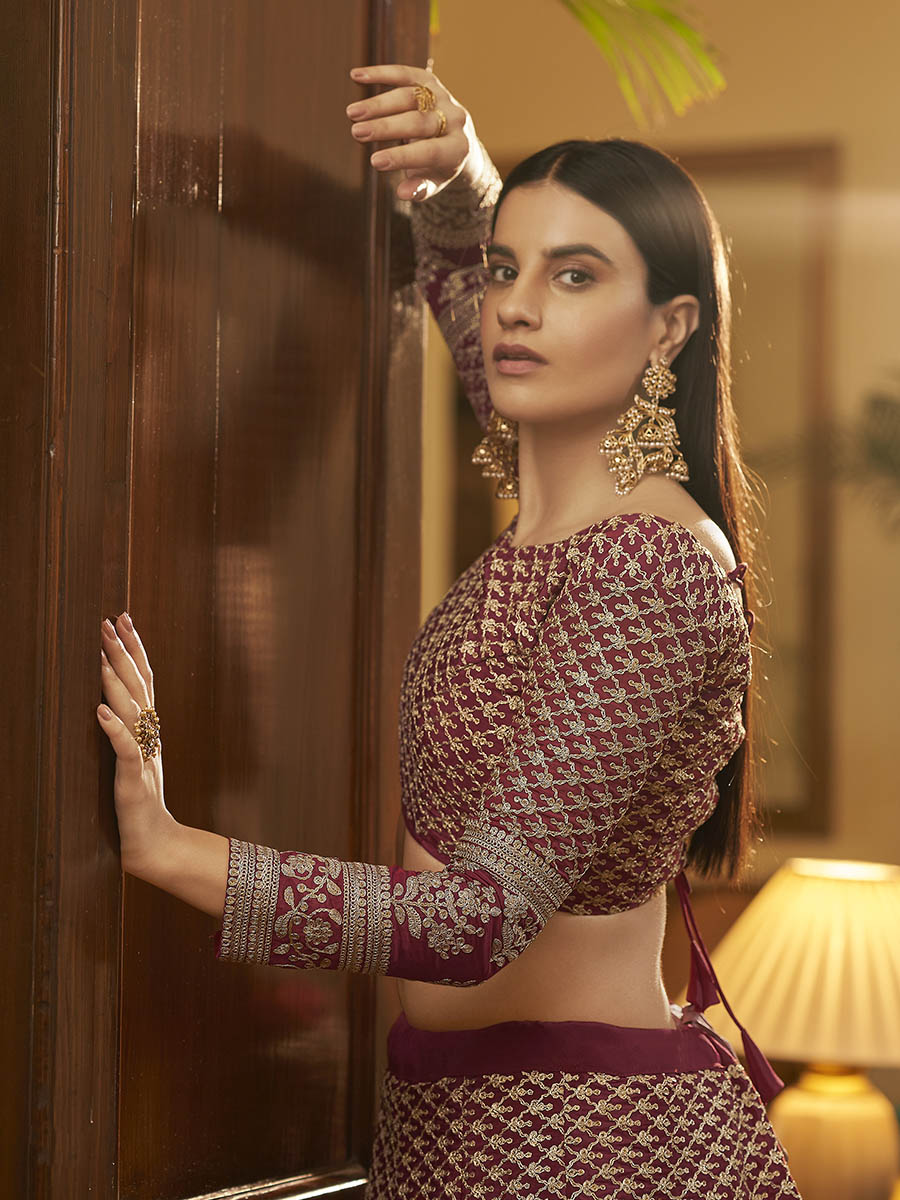 Maroon Crepe Embroidered Lehenga