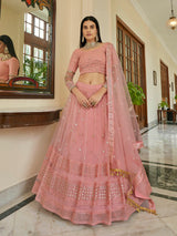 Peach Soft Net Embroidered Lehenga