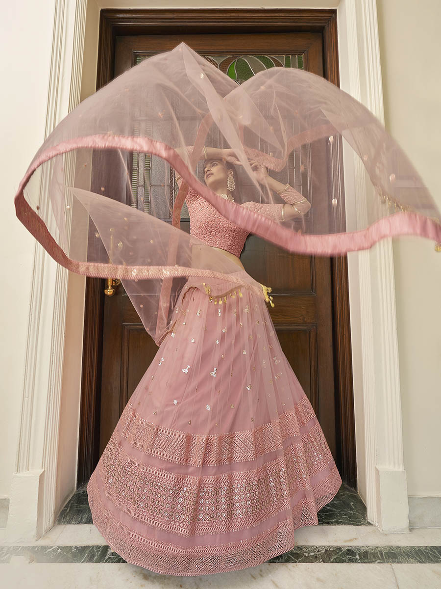 Peach Soft Net Embroidered Lehenga