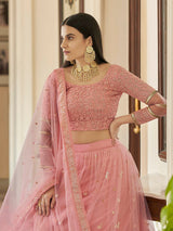 Peach Soft Net Embroidered Lehenga