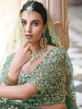 Rama Green Net Embroidered Lehenga