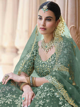 Rama Green Net Embroidered Lehenga