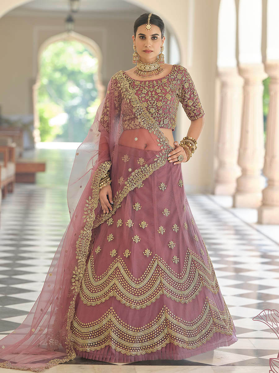 Mauve Net Embroidered Lehenga