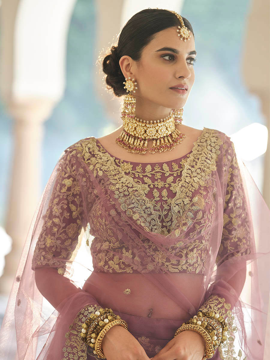 Mauve Net Embroidered Lehenga