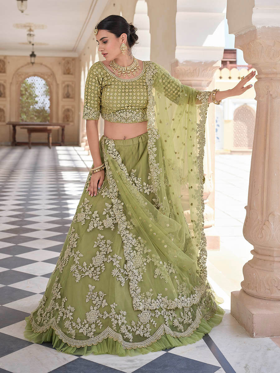 Olive Green Net Embroidered Lehenga