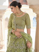 Olive Green Net Embroidered Lehenga