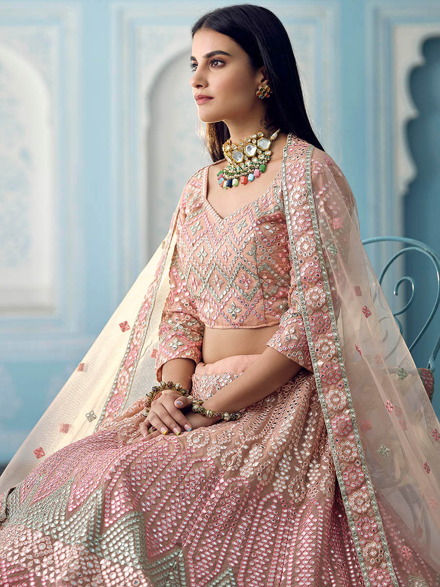 Peach Organza Embroidered Lehenga