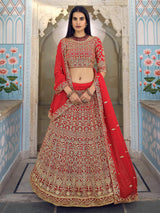 Red Gorgette Embroidered Lehenga