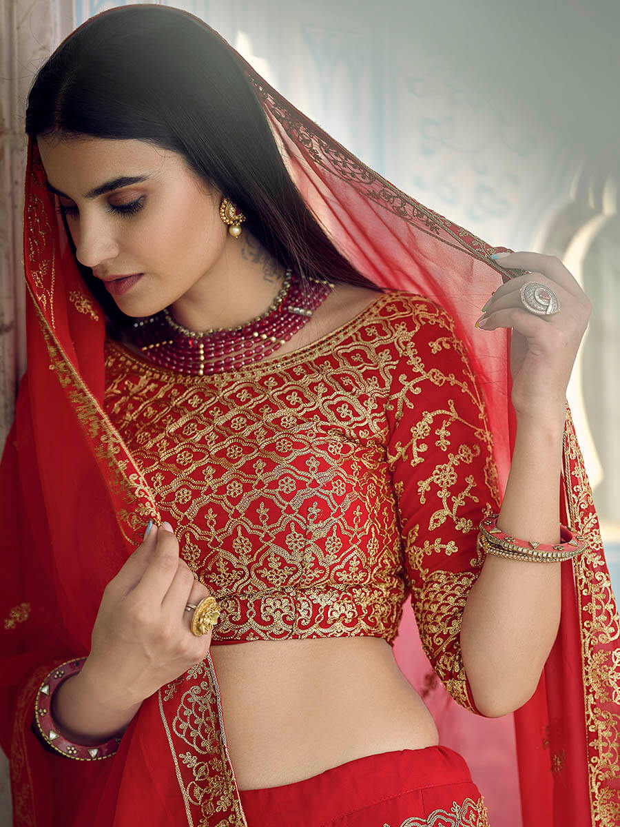 Red Gorgette Embroidered Lehenga