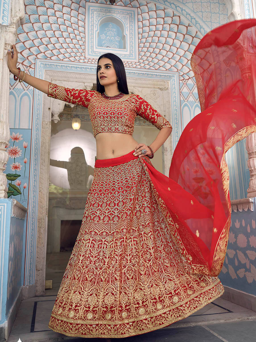 Red Gorgette Embroidered Lehenga