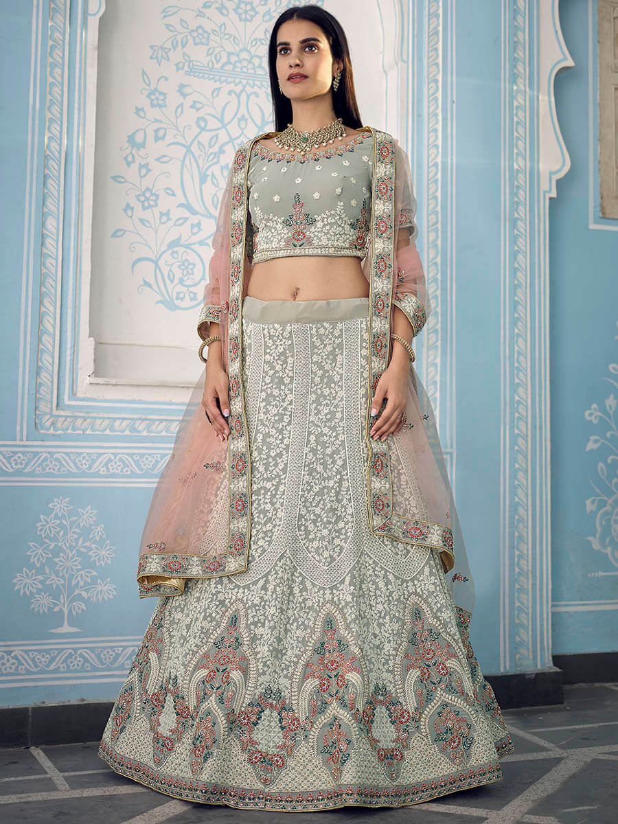 Grey Gorgette Embroidered Lehenga