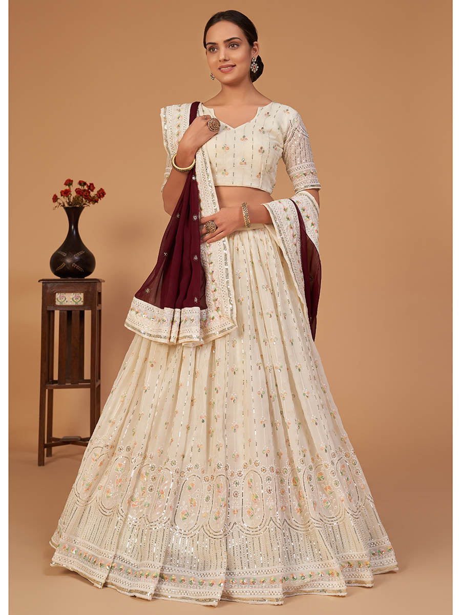 Off White Georgette Embroidered Designer Lehenga