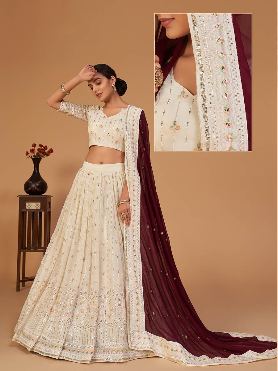 Off White Georgette Embroidered Designer Lehenga